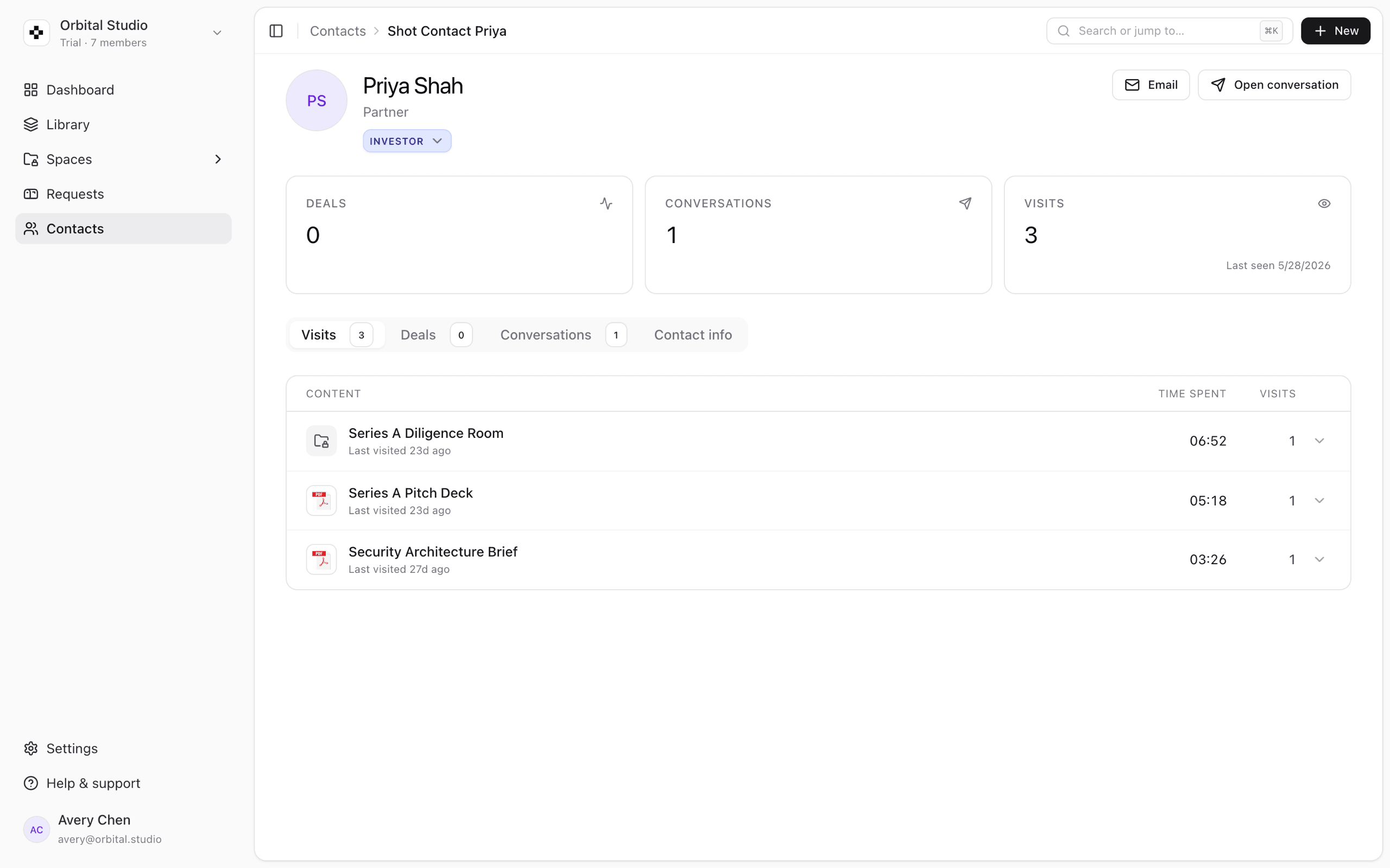 A contact profile - deals, conversations, and every document they've opened