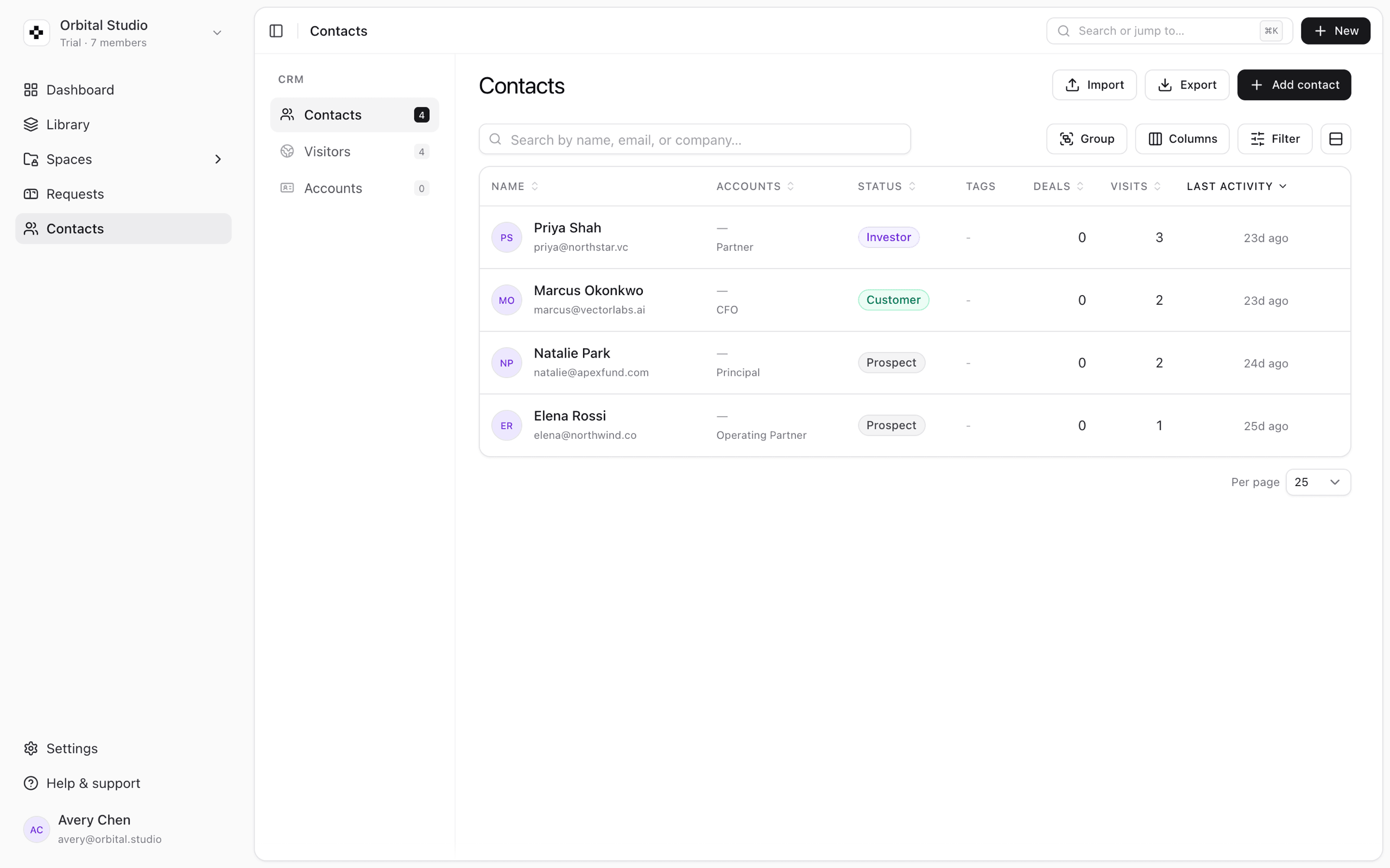 The investor CRM - status, deals, and engagement per contact